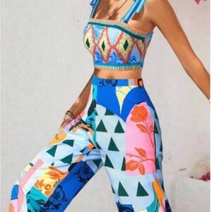 SHEIN Multicolor Geometric Top and Wide Leg Pants